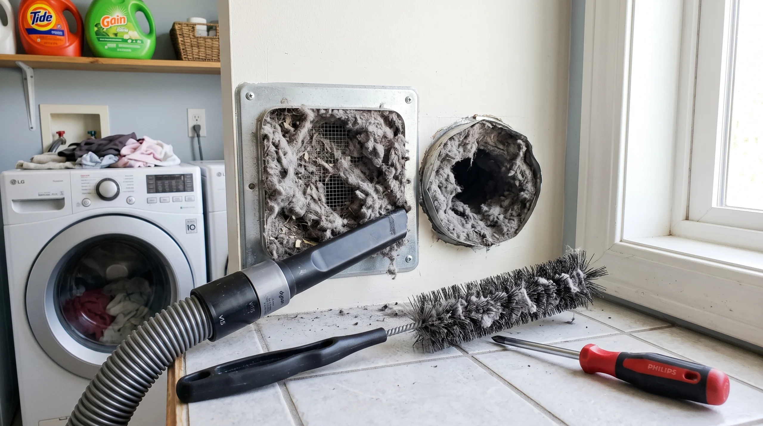 Dryer vent cleaning with exhaust duct and cleaning tools