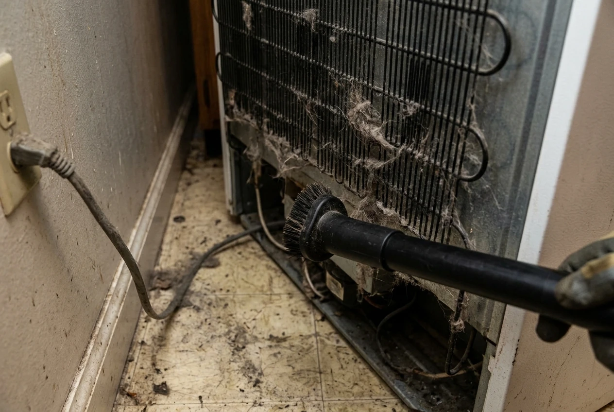 A close-up of a refrigerator pulled away from the wall, showing dusty, hair-coated black condenser coils on the back panel, with a brush-attachment vacuum nozzle positioned beside them in a dim kitchen corner.