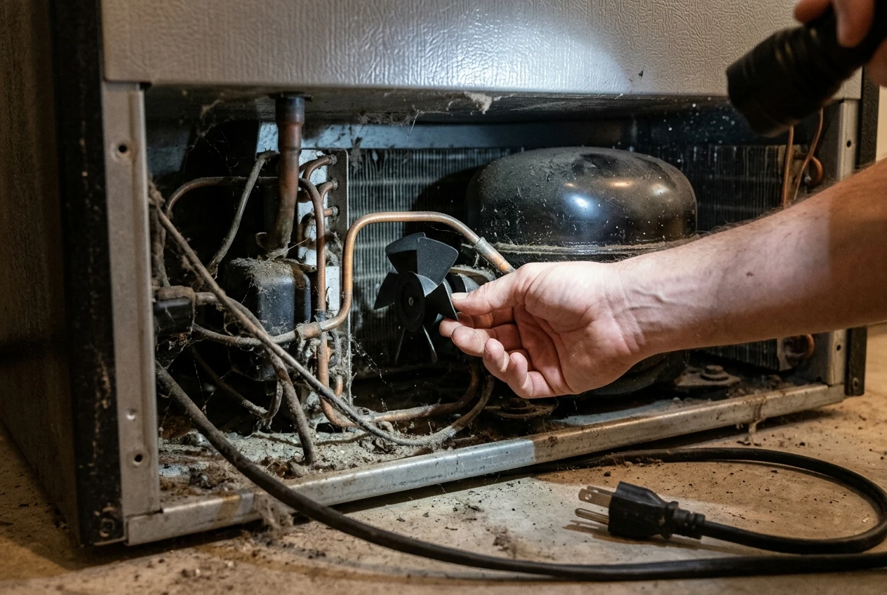 A hand reaching into the open bottom-rear compartment of an unplugged refrigerator, fingers touching the small black condenser fan blade mounted next to the compressor, with a flashlight beam illuminating the dusty machinery.