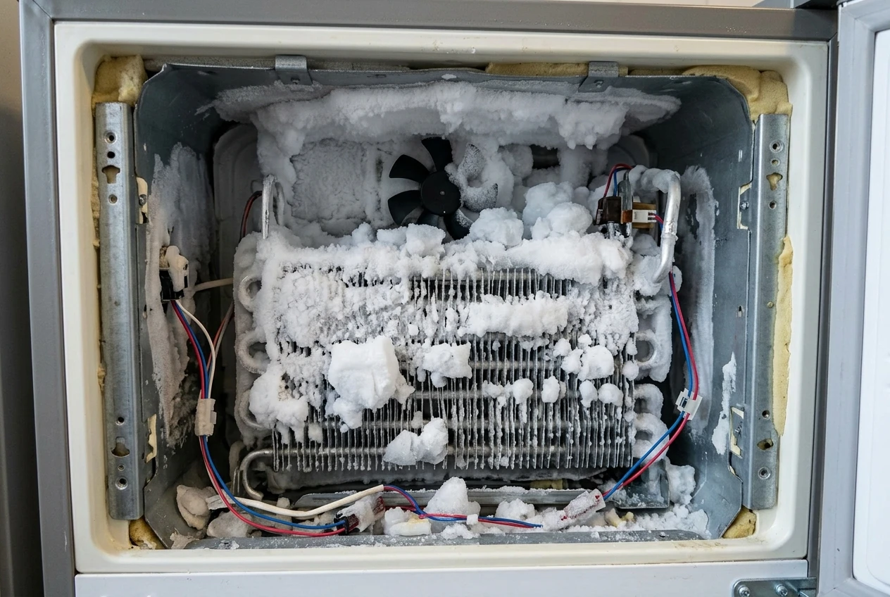 The interior back panel of a freezer compartment removed, revealing the evaporator coil thickly coated in white frost and ice buildup, with the small fan blade half-buried in ice behind it.