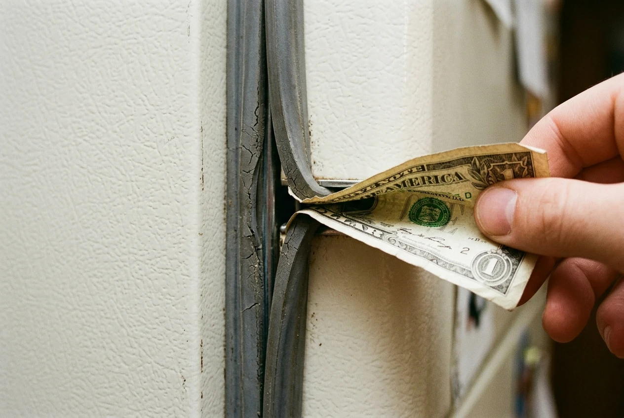 A dollar bill being pulled from a closed refrigerator door, gripped halfway between the door and the rubber gasket, with the worn and slightly cracked seal visible along the edge.