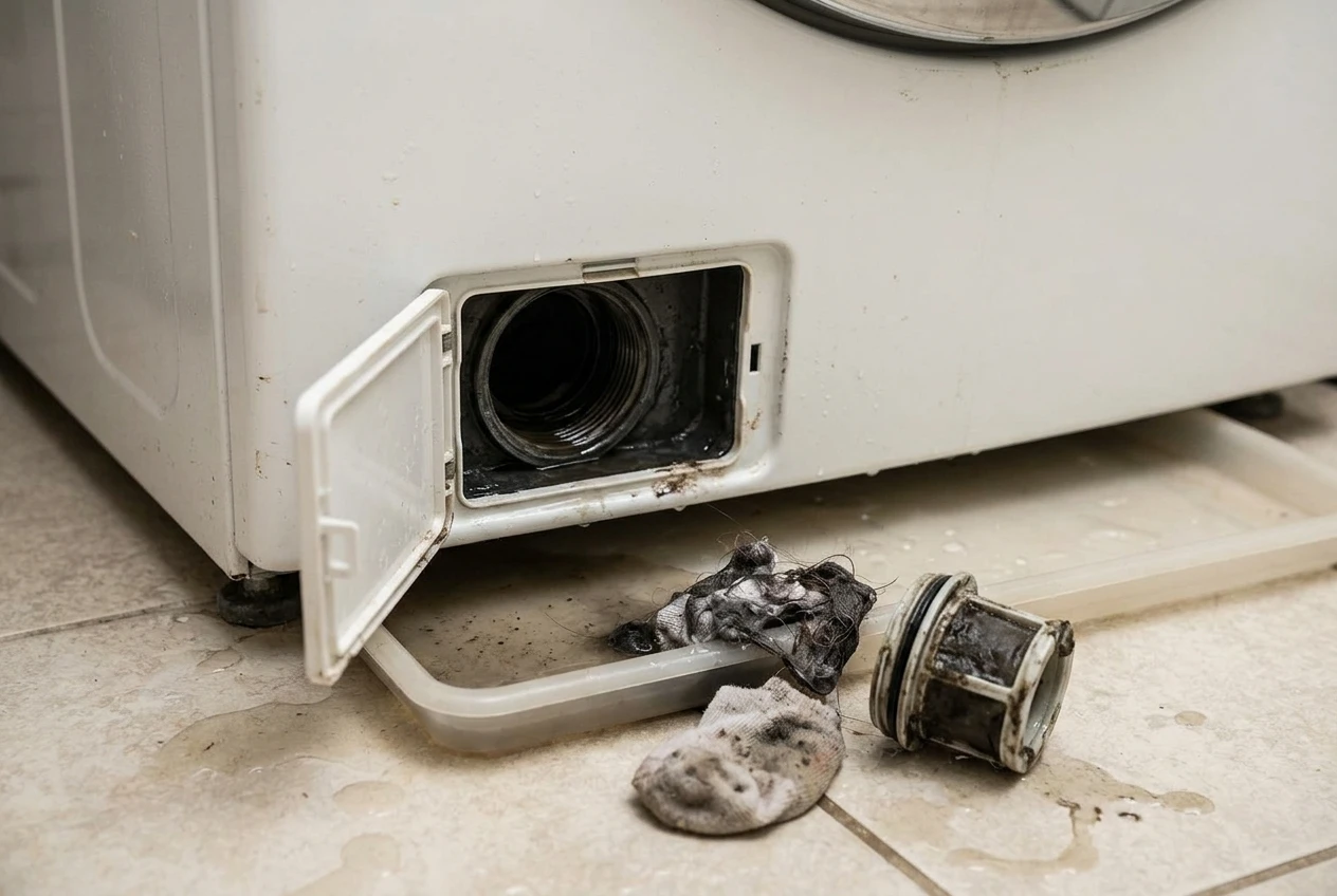 Close-up of an open pump filter access panel at the base of a front-load washer, a shallow pan catching spilled water underneath, with a sock and tangle of lint and hair pulled out of the round filter housing.