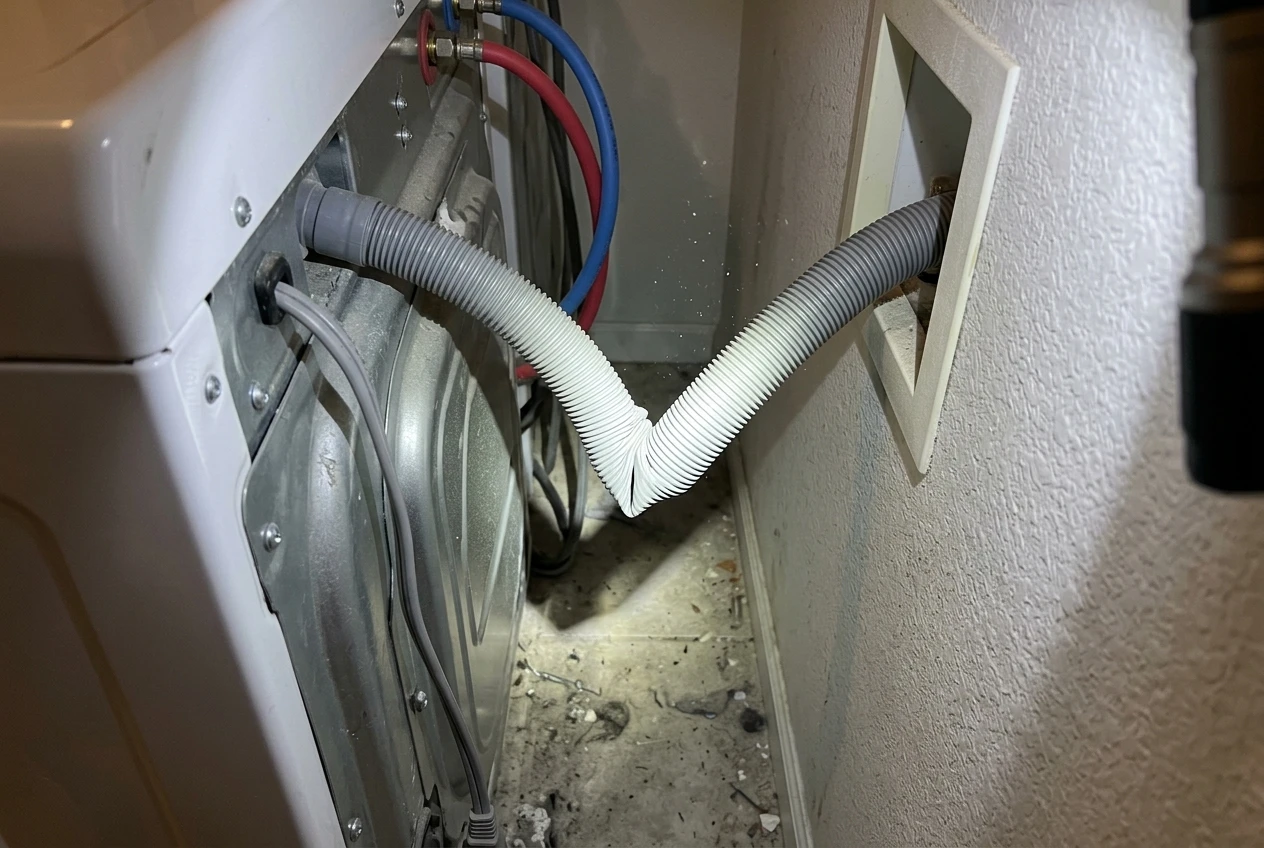 A washing machine pulled away from the wall, showing the corrugated drain hose with a visible kink where it bends sharply between the machine and the wall, a flashlight beam highlighting the pinched section.