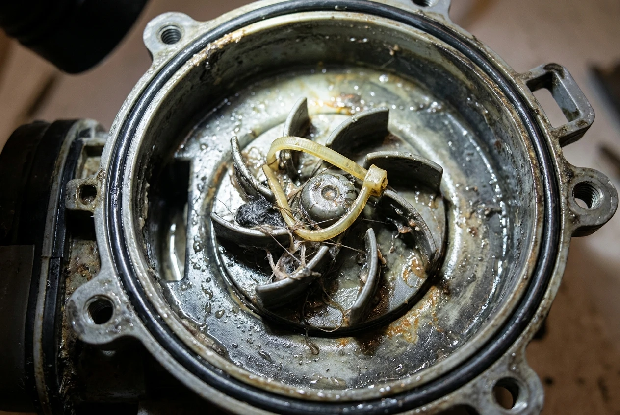 A close-up view inside an open washer pump housing showing the finned impeller wheel with a small bent zip tie and bits of debris wedged between the blades, illuminated by a work light.