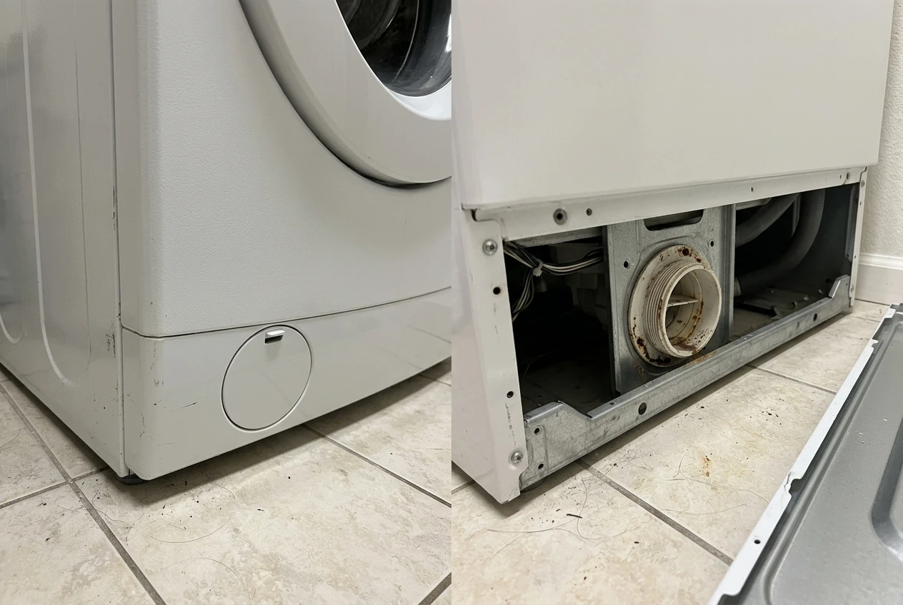 Side-by-side view of a front-load washer's small round filter access panel at the bottom of the cabinet next to a top-load washer with its lower kick panel removed, exposing a similar filter housing underneath.