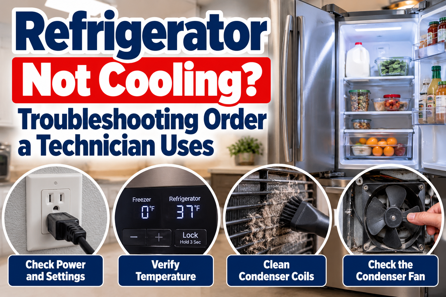 Open refrigerator with troubleshooting illustrations showing power, temperature settings, dirty condenser coils, and condenser fan.