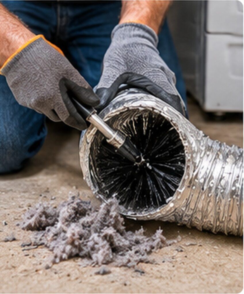 Person cleaning a dryer transition duct with a brush