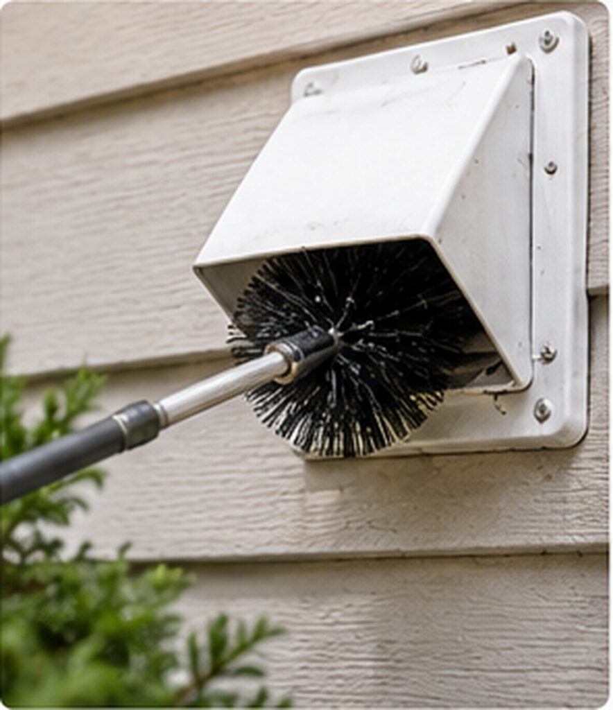 Person cleaning an outdoor dryer vent hood with a brush