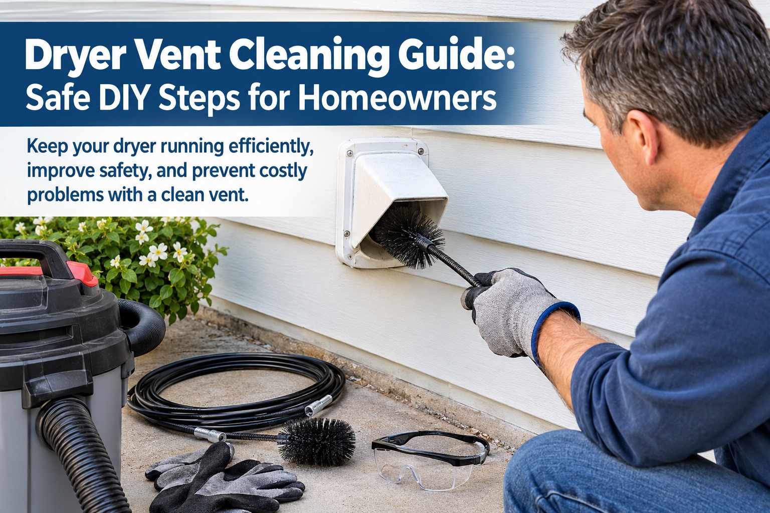 Dryer vent cleaning tools including brush, vacuum, gloves, and safety glasses