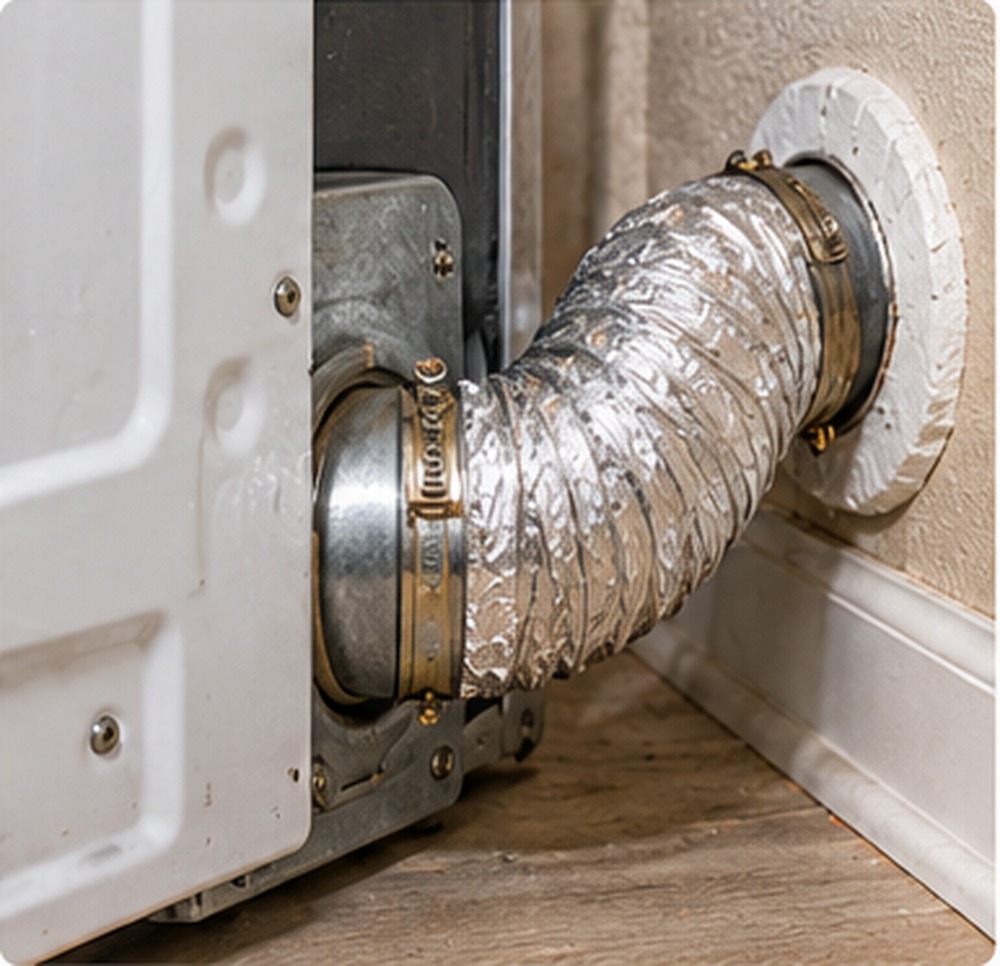 Dryer pulled away from the wall showing the transition duct and exhaust connection