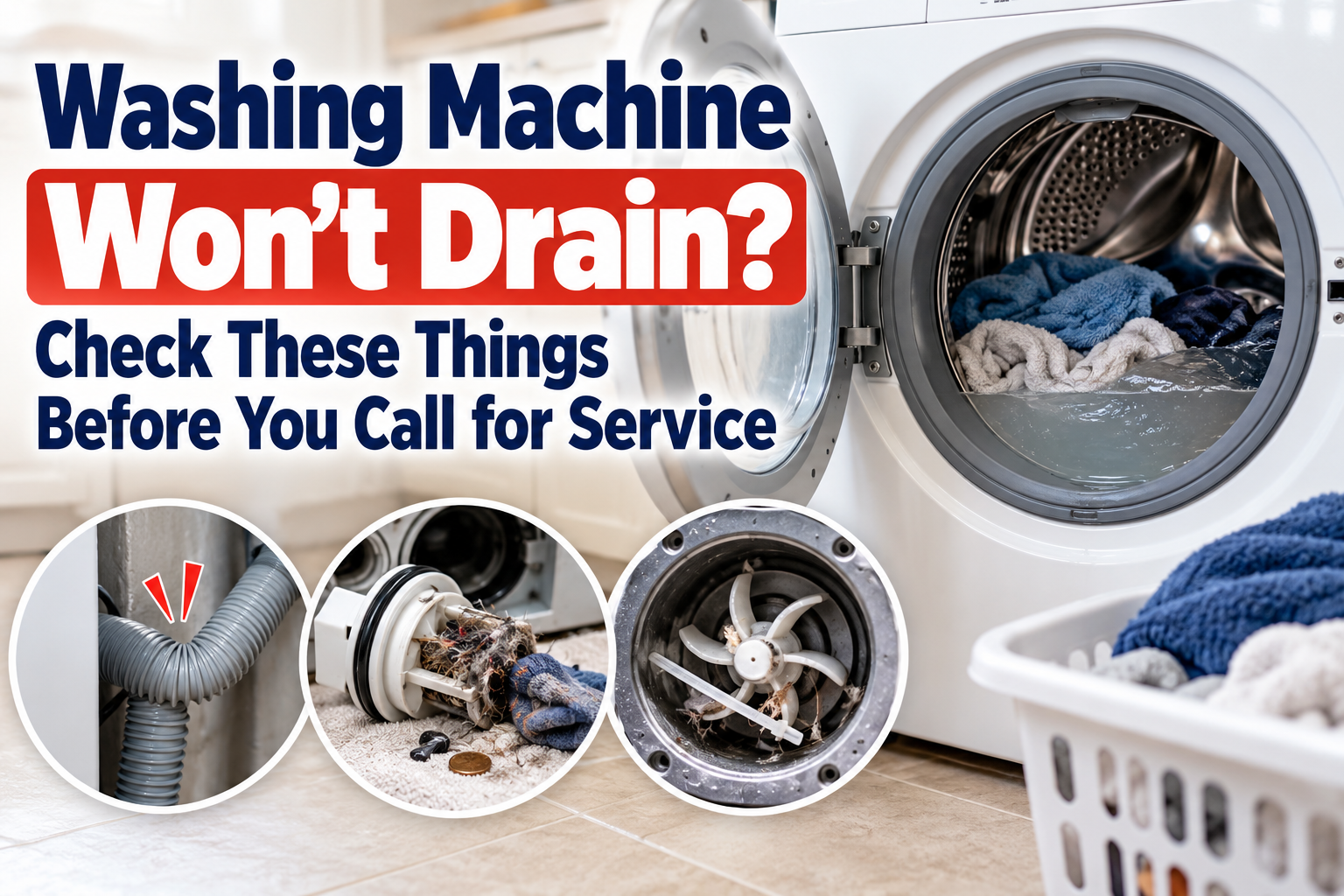 Front-load washing machine with standing water, showing a kinked drain hose, clogged pump filter, and drain pump impeller.